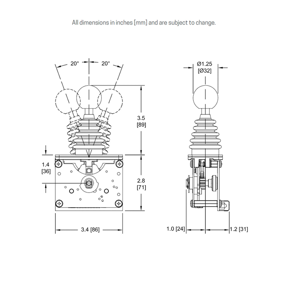 This joystick has a special console design enables activation of electronic elements such as Hall sensors and potentiometers and the use of up to three switch contacts.